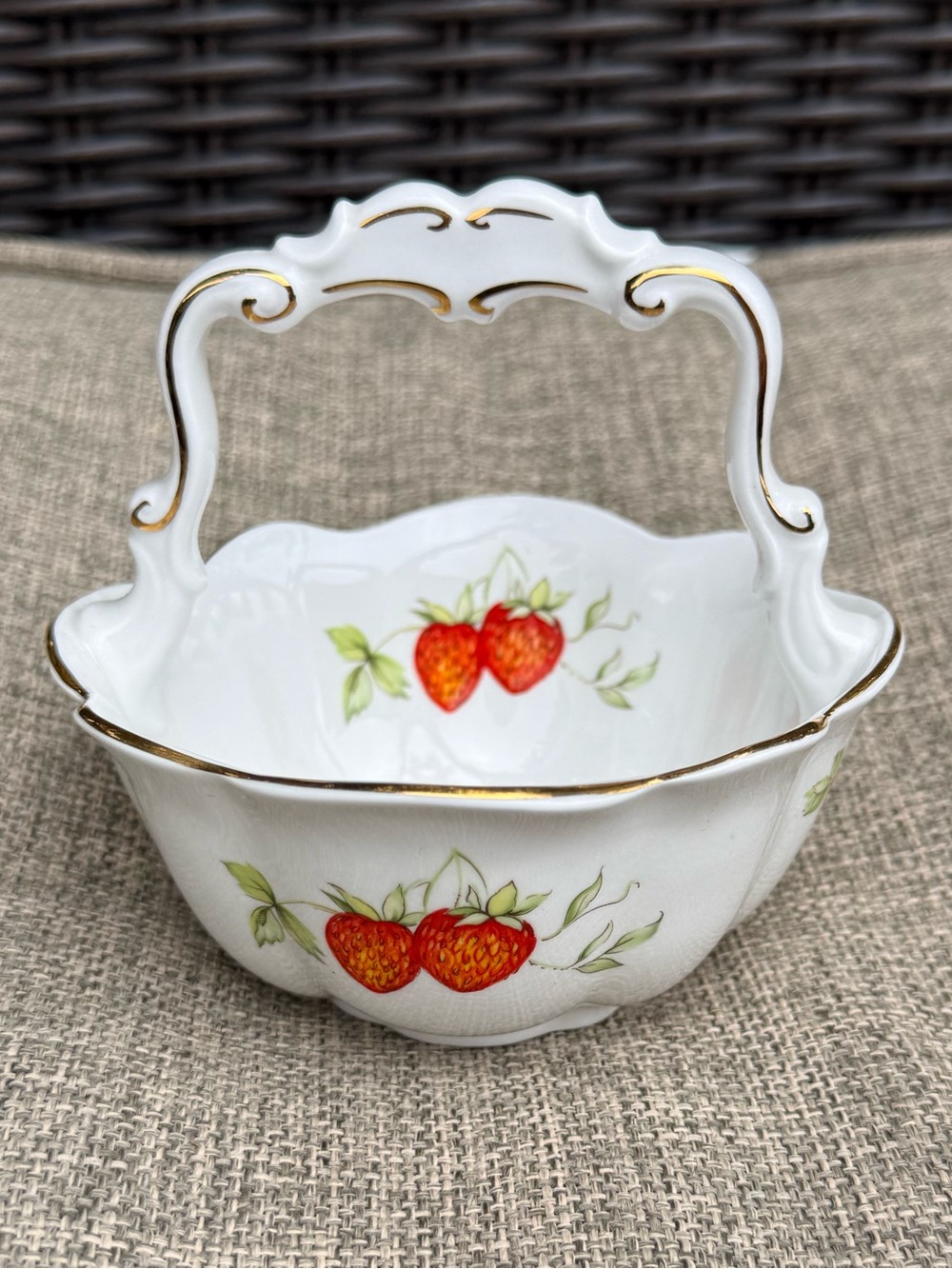 Porcelain Strawberry Handle Serving Basket with Gold Trim queens Rosina china